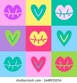 Seamless pattern of lips and hearts on multi-colored squares. Doodle vector illustration about love for background, wrapping paper, wallpaper. Valentine's Day Greeting Card