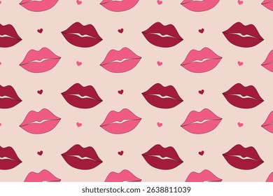 Seamless pattern with lips and hearts on a pink background. Vector illustration.