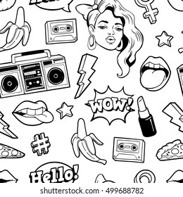 Seamless pattern with lips, hearts, stars and other elements. Vector background with fashion patches, stickers, pins in cartoon 80s-90s pop-art comic style. Can be used in coloring book for adults.