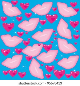 Seamless pattern with lips and hearts. Valentine's Day background