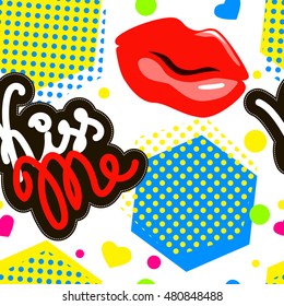 Seamless pattern Lips, Kiss, dot in retro funny geometrical style. Funny abstract pattern for textiles and fabrics, wrapping paper and wallpapers of all kinds. Vector illustration.