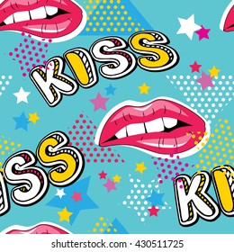 Seamless pattern Lips, Kiss, star, dot in retro funny geometrical style. Funny abstract pattern for textiles and fabrics, wrapping paper and wallpapers. Vector illustration.