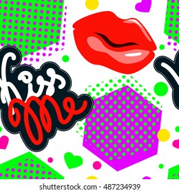 Seamless pattern Lips, Kiss, star, dot in retro funny geometrical style. Funny abstract pattern for textiles and fabrics, wrapping paper and wallpapers of all kinds. Vector illustration.