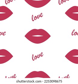 Seamless pattern lips for a kiss. The trend color of 2023 is Viva Magenta. Design texture elements for fabric, tile, banner, template, card, cover, poster, background, wall. Vector illustration.