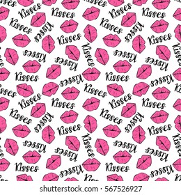 Seamless pattern with lips, kisses. Hand drawn vector illustration. Romantic background for fashion card, print, valentine's day. Beautiful design elements in doodle style.