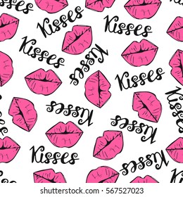 Seamless pattern with lips, kisses. Hand drawn vector illustration. Romantic background for fashion card, print, valentine's day. Beautiful design elements in doodle style.