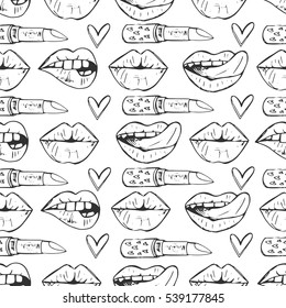 Seamless pattern with lips, lipstick, hearts. Hand drawn vector illustration, romantic background for fashion card, print. Beautiful design elements in vintage style.