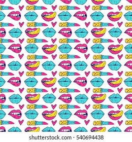 Seamless pattern with lips, lipstick, hearts. Hand drawn vector illustration, romantic background for fashion card, print. Beautiful design elements in doodle style.
