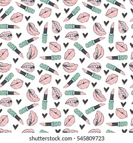 Seamless pattern with lips, lipstick, hearts. Hand drawn vector illustration, romantic background for fashion card, print. Beautiful design elements in doodle style.