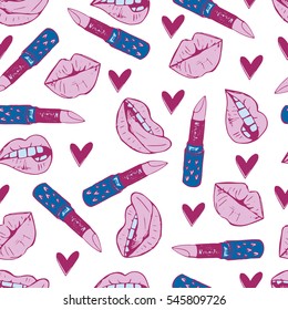 Seamless pattern with lips, lipstick, hearts. Hand drawn vector illustration, romantic background for fashion card, print. Beautiful design elements in doodle style.