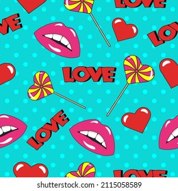 Seamless pattern with lips and lollipop in pop art style.