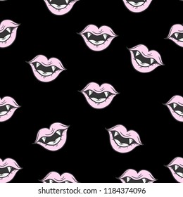 Seamless pattern with lips on black  background. 