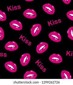 Seamless pattern with lips on black background. Sexy wet lips. Vector illustration