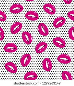 Seamless pattern with lips on polka dot background. Sexy wet lips. Vector illustration