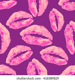 Seamless pattern with lips on a purple background. Vector kiss illustration. Pink kisses seamless pattern. 