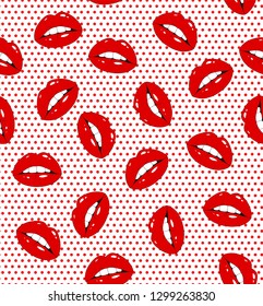Seamless pattern with lips on red polka dot background. Sexy wet lips. Vector illustration