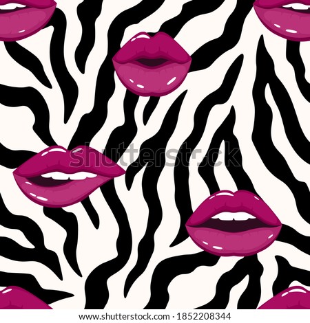 Seamless pattern with lips on zebra background.Vector illustration in the swatches panel for wrapping paper, textile, fabric, wallpaper and cloths.