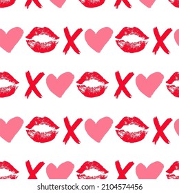 Impresión de labios de patrón sin brillo y XOXO escrito con lápiz labial rojo y corazones. Antecedentes del día de San Valentín. Beso XO y lápiz labial. Abrazo de brocha de abrazos y besos. Moda vectorial, belleza y concepto glamuroso.