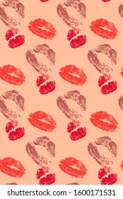 seamless pattern with lips prints, peach, red, beige color. retro vintage background in 70s style