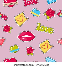 Seamless pattern with lips, roses, colorful hearts and diamonds patch. Textile fabric of objects with dashed line. Wrapping paper design for valentines day. Modern fashionable wallpaper. Vector
