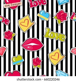 Seamless pattern with lips, roses, colorful hearts and diamonds patch. Textile fabric of objects with dashed line