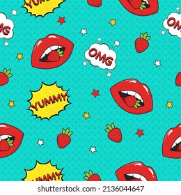 Patrón sin foco con labios y fresa al estilo del arte pop vintage.