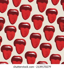 seamless pattern with lips that smile and show tongue and teeth. Vector background with laughing human mouths
