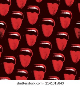 seamless pattern with lips that smile and show tongue and teeth. Vector background with laughing human mouths