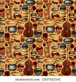 Seamless pattern with lips that smile and show tongue and white teeth and double bass with trumpet. Bright vector background with laughing, surprised, excited, angry, singing