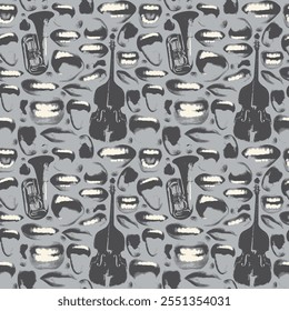 Seamless pattern with lips that smile and show tongue and white teeth and double bass with trumpet. Bright vector background with laughing, surprised, excited, angry, singing