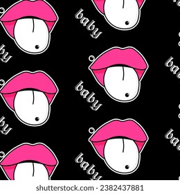 Seamless pattern with Lips with tongue and piercing. Inscription Baby. Black Emo Goth background. Gothic aesthetic in y2k, 90s, 00s and 2000s style. Vector illustration