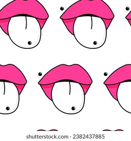 Seamless pattern with Lips with tongue and piercing. White Emo Goth background. Gothic aesthetic in y2k, 90s, 00s and 2000s style. Vector illustration