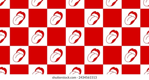 Seamless pattern with lips and tongue. Pop art retro style. Smiling lips and tongue in pop art style. Square pattern. Bright banner with red lips. Poster, wrapping, wallpaper. Vector illustration