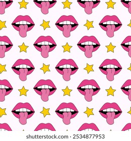 Patrón sin fisuras con labios con lengua y estrella en estilo pop art. Ilustración plana de Vector.