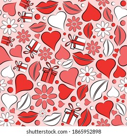 Seamless pattern with lips traces and hearts. Vector illustration.	