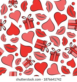 Seamless pattern with lips traces and hearts. Vector illustration