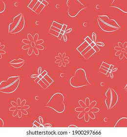 Seamless pattern with lips traces and hearts. Vector illustration	
