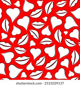 Seamless pattern with lips traces and hearts. Vector illustration	