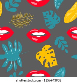 Seamless pattern with lips and tropical leaves, creative beauty background, vector fashion pattern