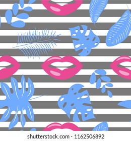 Seamless pattern with lips and tropical leaves, creative beauty background, vector fashion pattern