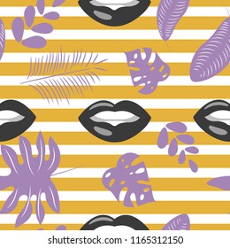 Seamless pattern with lips and tropical leaves, creative beauty background, vector fashion pattern