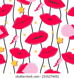 Seamless pattern with lips. Vector illustration on theme fashion 90s.