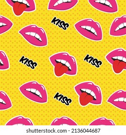 Seamless pattern with lips in vintage pop art style.
