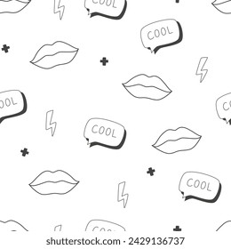 Seamless pattern with lips, zipper, lettering in the style of the 90s. Black and white background with doodles, vector.