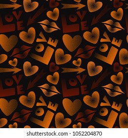 Seamless pattern with lipstick kisses, cupid's arrow, love text and hearts. Vector endless backdrop in orange, brown and black colors for fabric or wrapping.