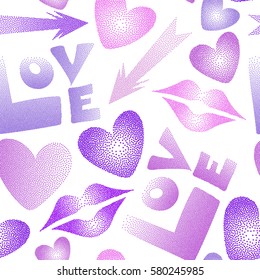 Seamless pattern with lipstick kisses, cupid's arrow, love text and hearts on a white background. Vector endless backdrop in pink and violet colors for fabric or wrapping.