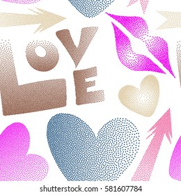 Seamless pattern with lipstick kisses, cupid's arrow, love text and hearts on a white background. Vector endless backdrop in magenta, brown and pink colors for fabric or wrapping.