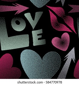 Seamless pattern with lipstick kisses, cupid's arrow, love text and hearts on a black background. Vector endless backdrop in magenta and pink colors for fabric or wrapping.