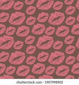 Seamless pattern with lipstick kisses. Hand drawn vector illustration, flat colors, easy to recolor.