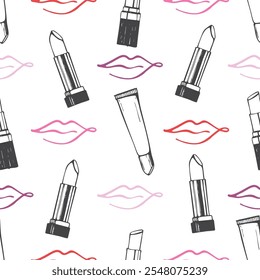 Patrón sin fisuras con lápiz labial, tubos de brillo de labios y labios de contorno en tonos rojos y rosados sobre un fondo blanco. Ilustración dibujada a mano para proyectos de diseño cosmético y de belleza.